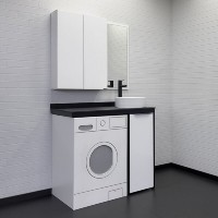 Тумба с раковиной под стиральную машину Comfortу Лозанна, 100 см, напольная, белый глянец/серый матовый, столешница под мрамор Калакатта Блэк, раковина Comfortу белая, 00-00013800 (00-00013800CF)