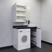 Тумба с раковиной под стиральную машину Comfortу Лозанна, 100 см, напольная, белый глянец/серый матовый, столешница под мрамор Калакатта Блэк, раковина Comfortу белая, 00-00013800 (00-00013800CF)