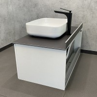 Тумба с раковиной Comfortу Милан, 90 см, подвесная, белый глянец, со столешницей под мрамор Калакатта Блэк, раковина Comfortу белая, 00-00014007 (00-00014007CF)