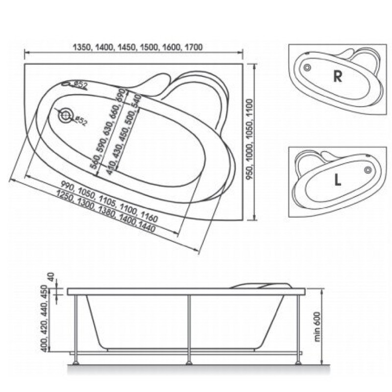 Ванна акриловая Relisan Ariadna R 160 х 105 см (Гл000000536)