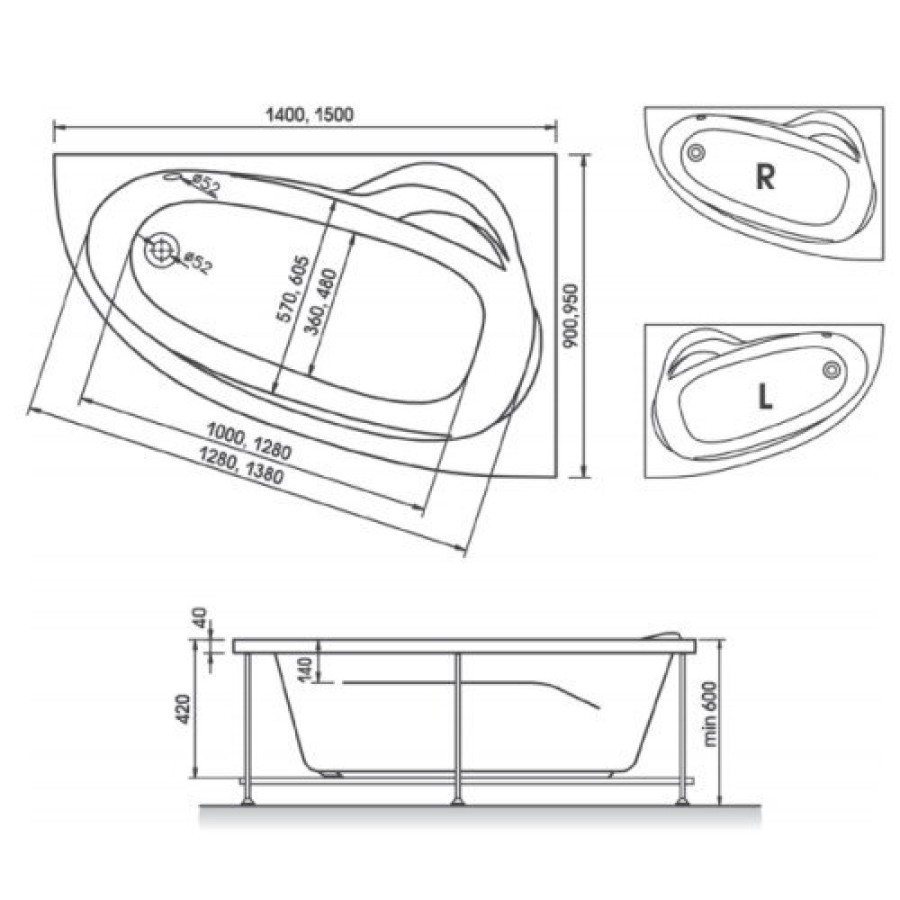 Ванна акриловая Relisan Zoya L 140 х 90 см (Гл000001247)