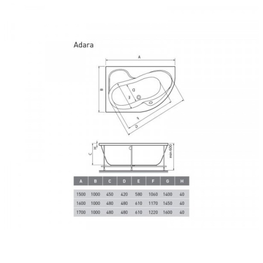 Ванна акриловая Relisan Adara 170 х 100 см L, Гл000013731