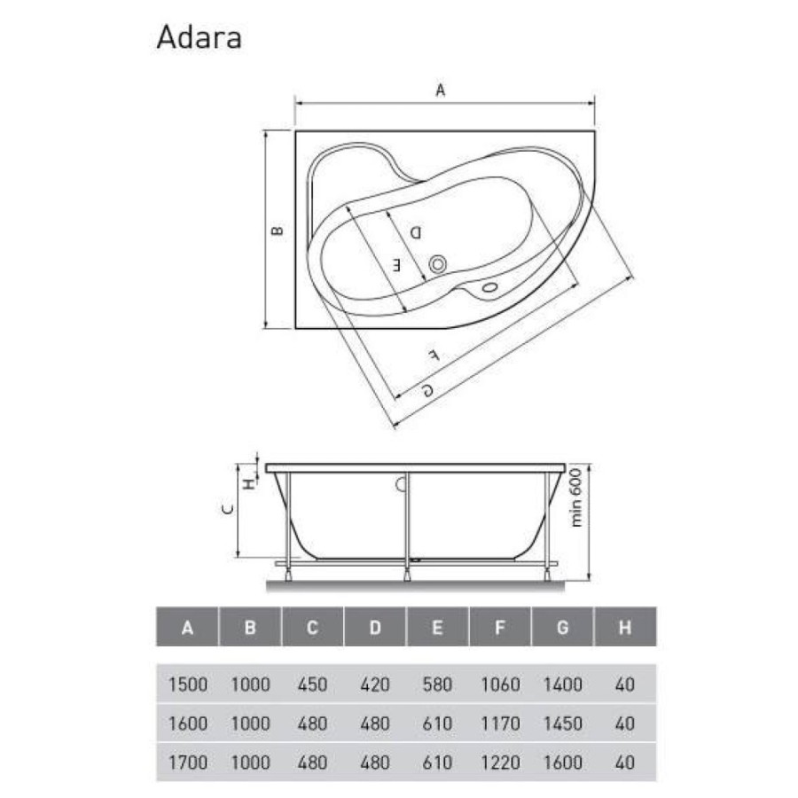 Ванна акриловая Relisan Adara 160 х 100 см L(Гл000013733)