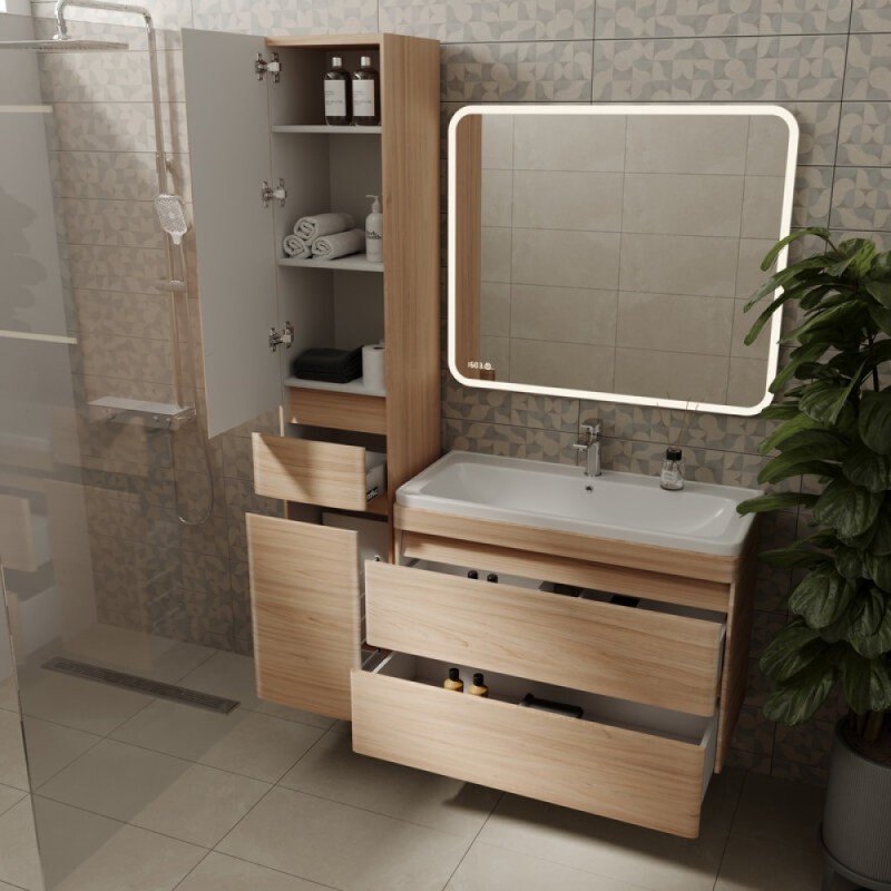 Тумба под раковину Style Line Атлантика 90 Люкс Plus СС-00002219, 90 см, подвесная, ясень перламутр