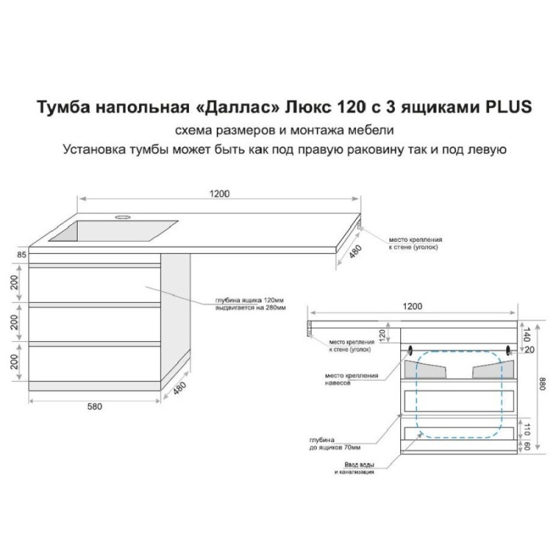 Тумба под раковину Style Line Даллас 120 Люкс Plus напольная, белая СС-00002272 120 см