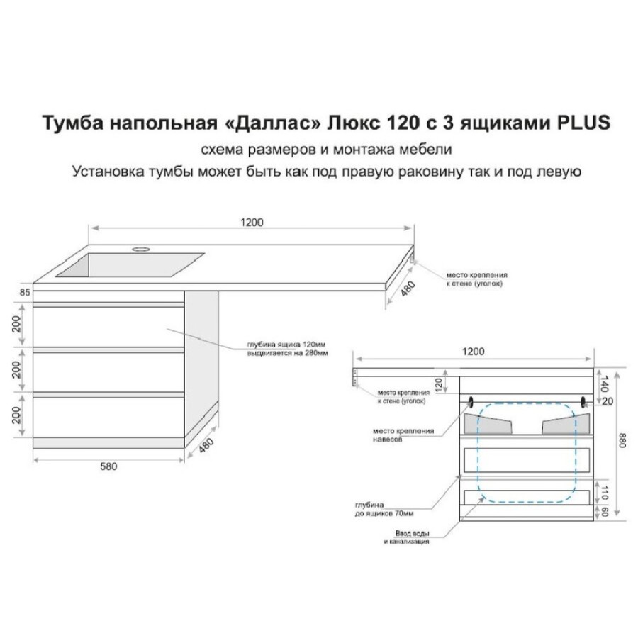 Тумба под раковину Style Line Даллас 120 Люкс Plus напольная, белая СС-00002272 120 см