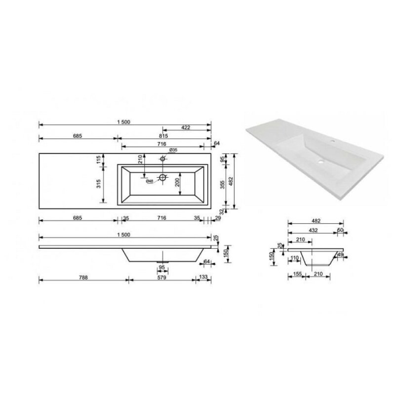 Раковина Style Line Estetus Даллас СС-00002300, 150 см, искусственный камень, левая, белая