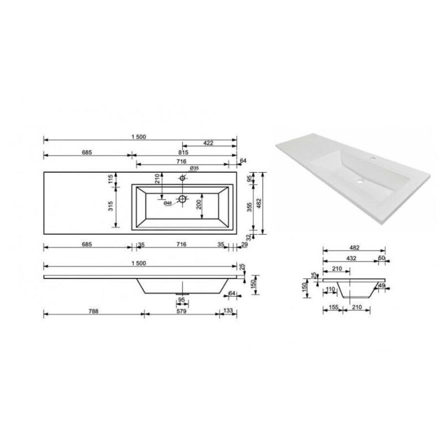 Раковина Style Line Estetus Даллас СС-00002300, 150 см, искусственный камень, левая, белая