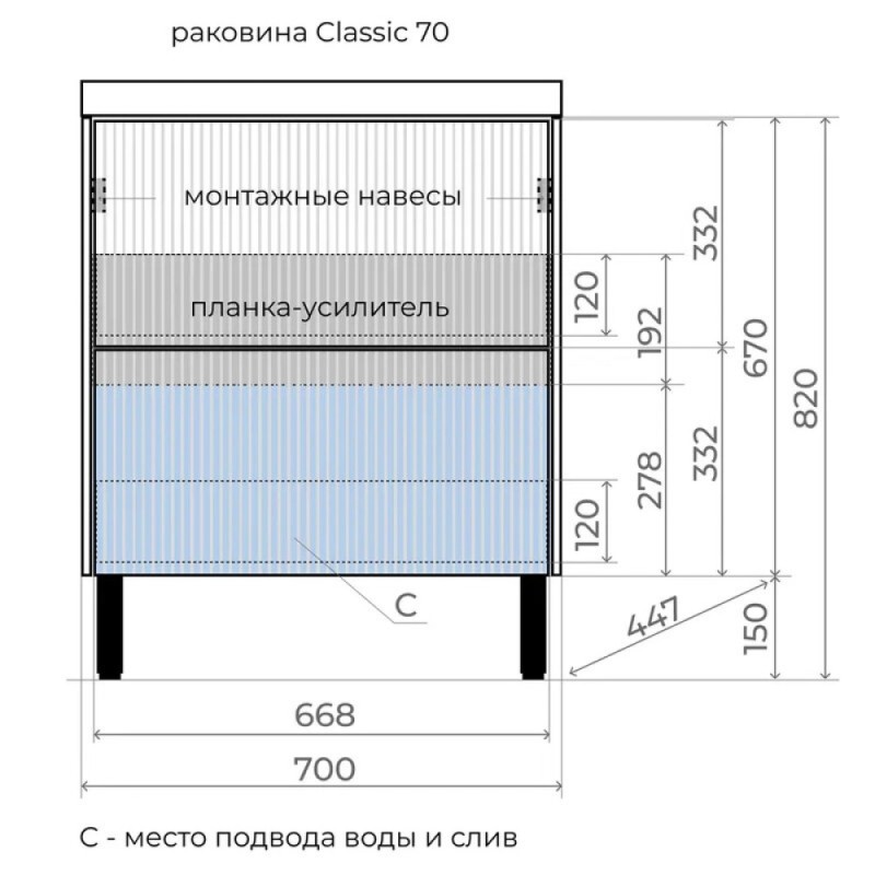 Тумба под раковину Style Line Стокгольм 70 ЛС-00002334, 70 см напольная, белый рифленый софт