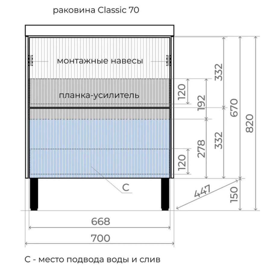 Тумба под раковину Style Line Стокгольм 70 ЛС-00002334, 70 см напольная, белый рифленый софт