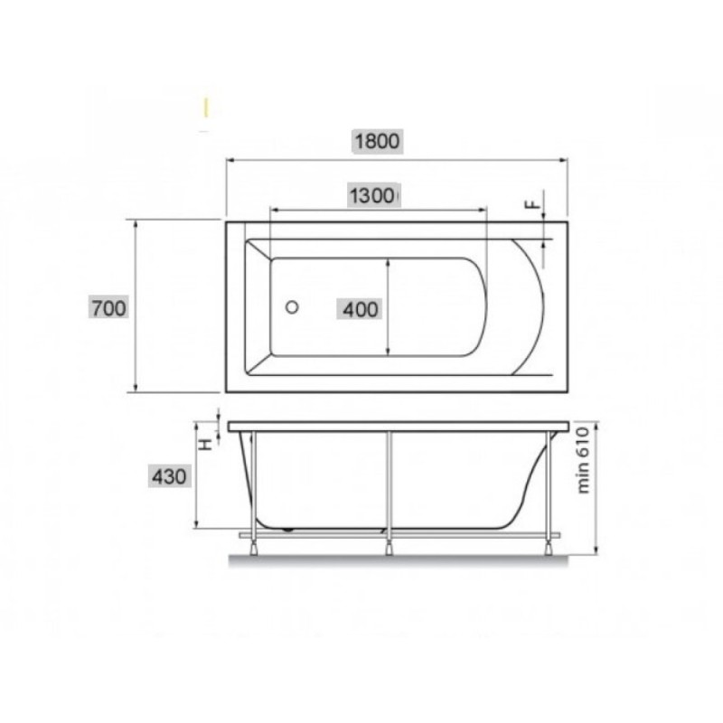 Ванна акриловая Vayer Milana 180 х 70 см, прямоугольная, белая