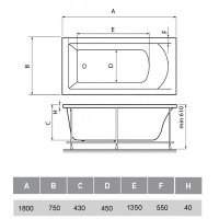 Ванна акриловая Vayer Milana 180 х 75 см, прямоугольная, белая, Гл000024278