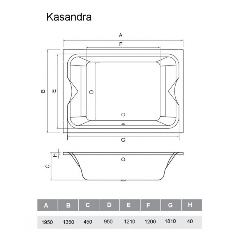 Ванна акриловая Vayer Kasandra 195 х 135 см, прямоугольная, белая, Гл000025030