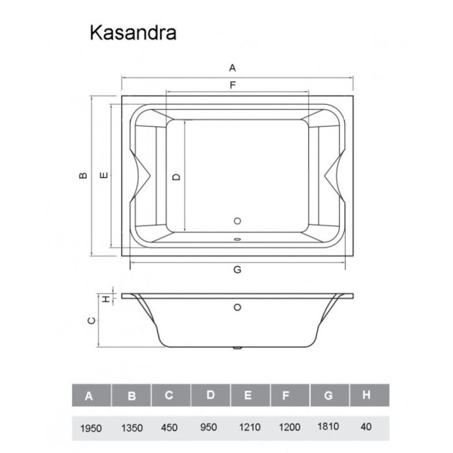 Ванна акриловая Vayer Kasandra 195 х 135 см, прямоугольная, белая, Гл000025030