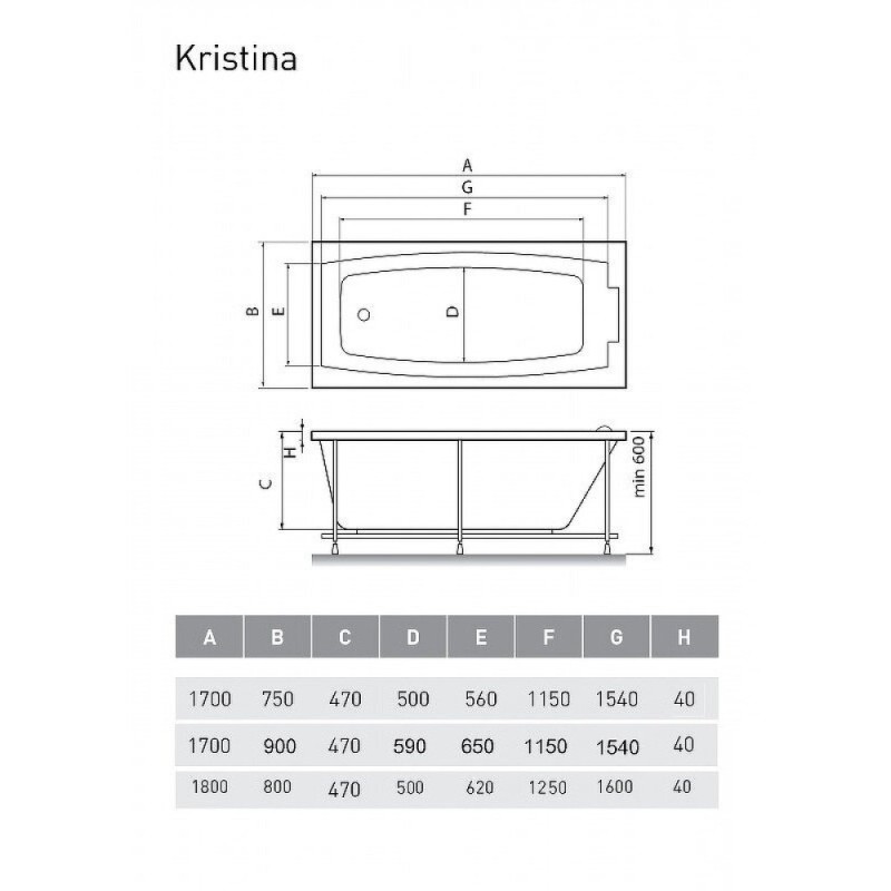 Ванна акриловая Relisan Kristina Гл000025600 170 х 90 см, белая