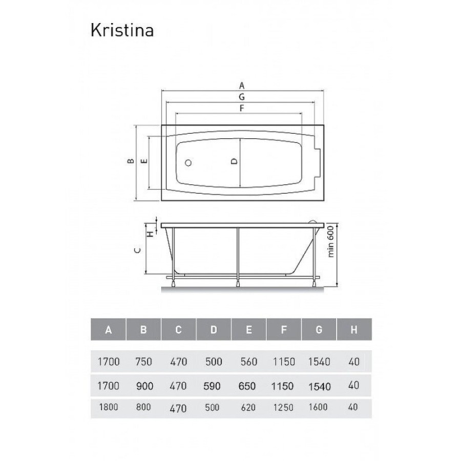 Ванна акриловая Relisan Kristina Гл000025600 170 х 90 см, белая