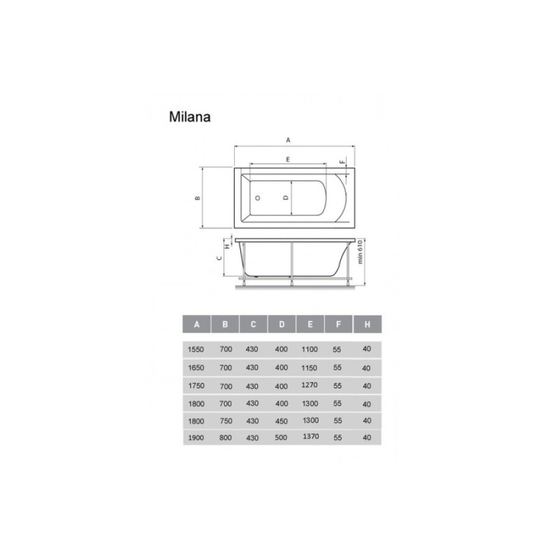 Ванна акриловая Vayer Milana Гл000025934, 190 х 80 см, белый