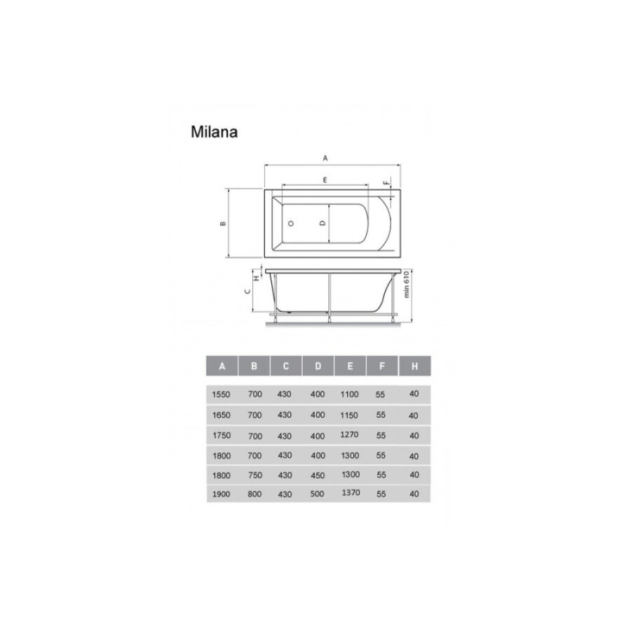 Ванна акриловая Vayer Milana Гл000025934, 190 х 80 см, белый
