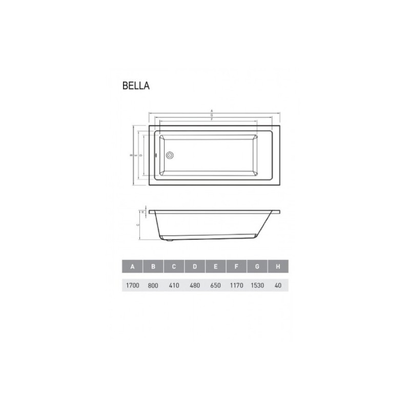 Ванна акриловая Relisan Bella 170 х 80 см, белая, Гл000026031