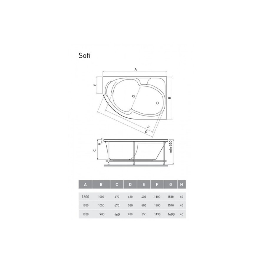 Ванна акриловая Relisan Sofi Гл000026239 R, 170 х 90 см, белая