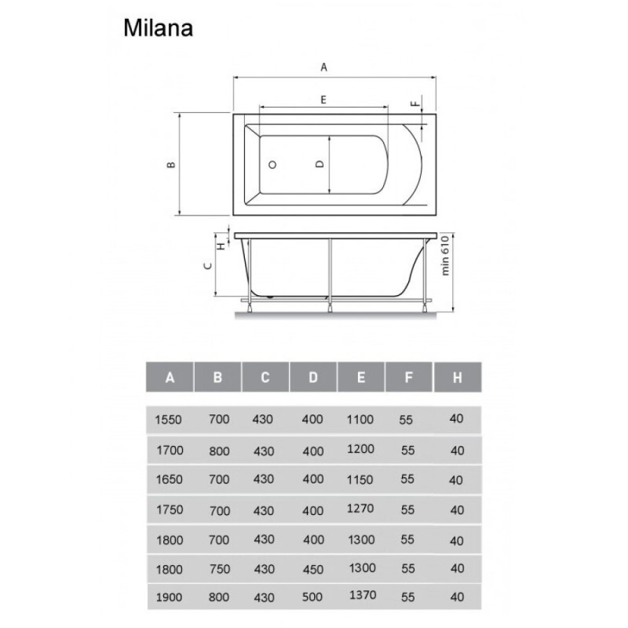 Ванна акриловая Vayer Milana Гл000026961, 170 x 80 см, цвет белый