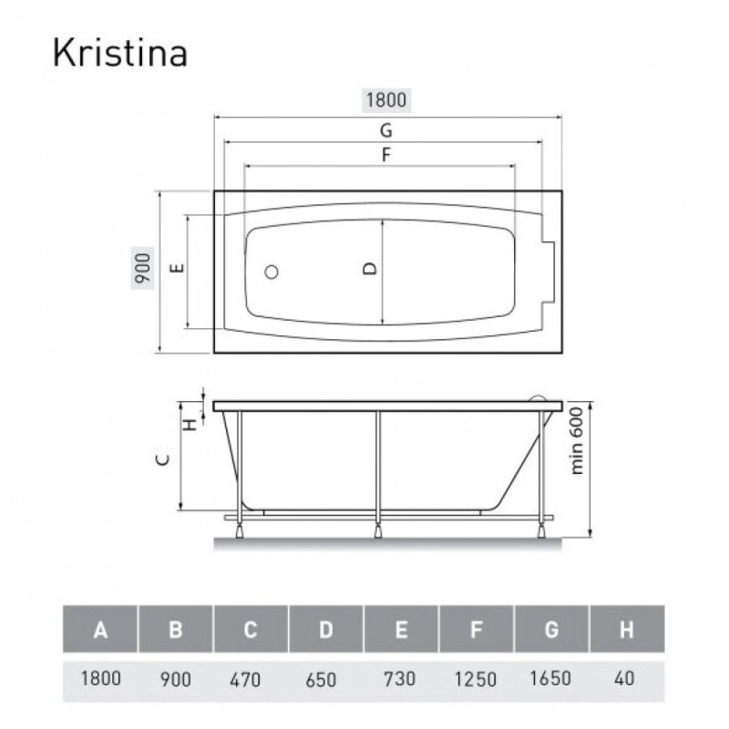 Ванна акриловая Relisan Kristina Гл000027315, 180 x 90 см, белый