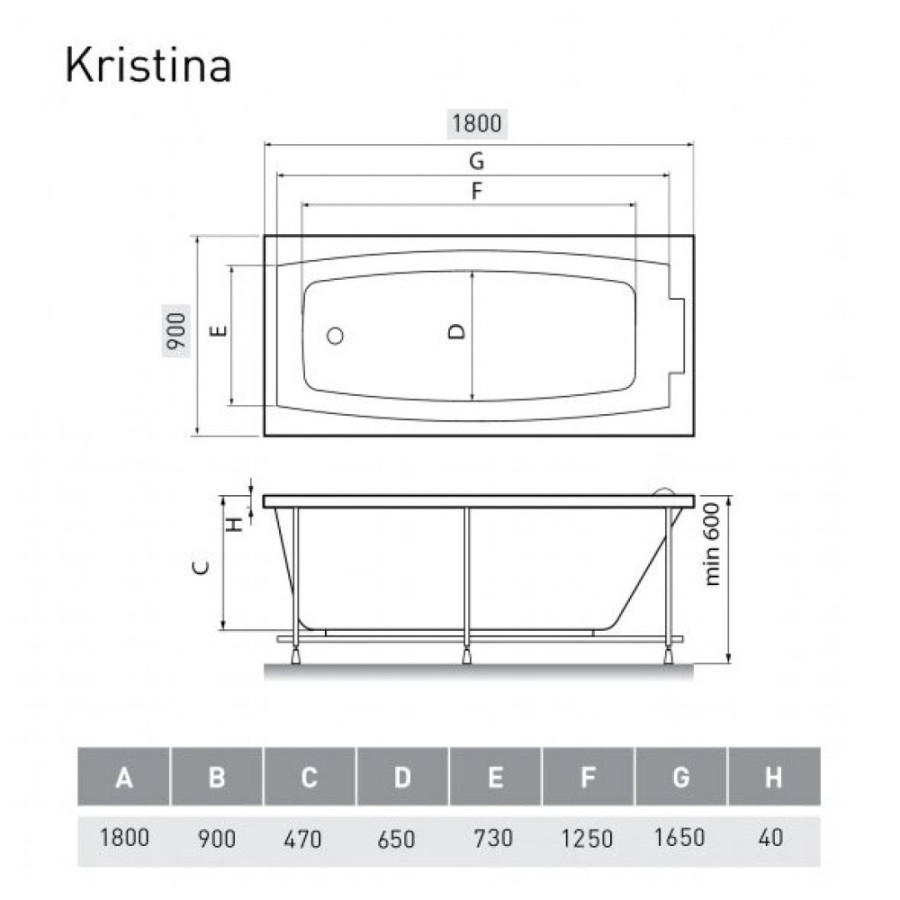 Ванна акриловая Relisan Kristina Гл000027315, 180 x 90 см, белый
