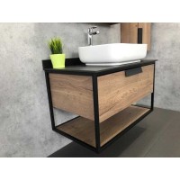 Тумба с раковиной Comfortу Кёльн, 90 см, дуб темный со столешницей под мрамор Калакатта Блэк из компакт-плиты, 00004149965 (00004149965CF)