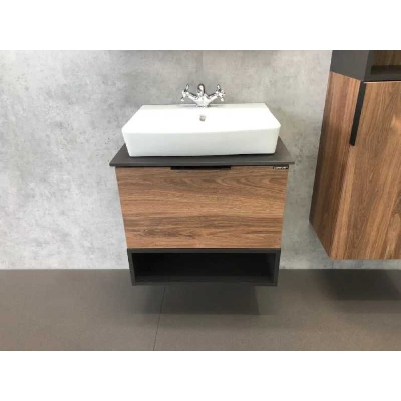 Тумба Comforty Штутгарт, 60 см, со столешницей под мрамор Калакатта Блэк и раковиной Comforty, дуб тёмно-коричневый, 00004151039 (00004151039CF)