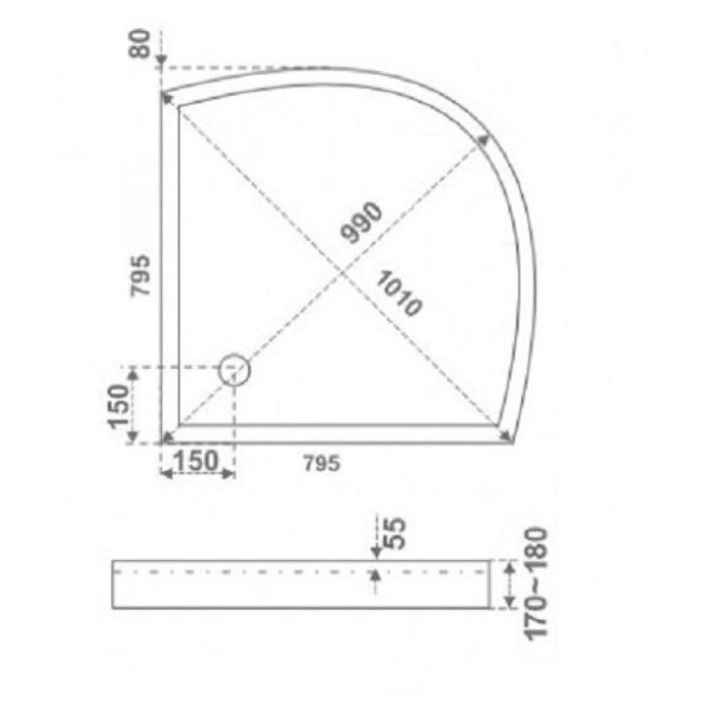Душевой поддон Bas Плуто ПН00015, 80 x 80 см, акрил, четверть круга, белый