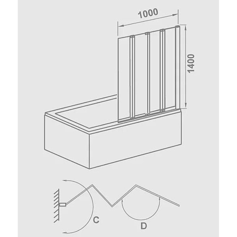 Шторка на ванну Good Door Screen GR4-100-C-B, ПД00126, 100 x 140 см, складная, 4 секции, стекло прозрачное, профиль чёрный