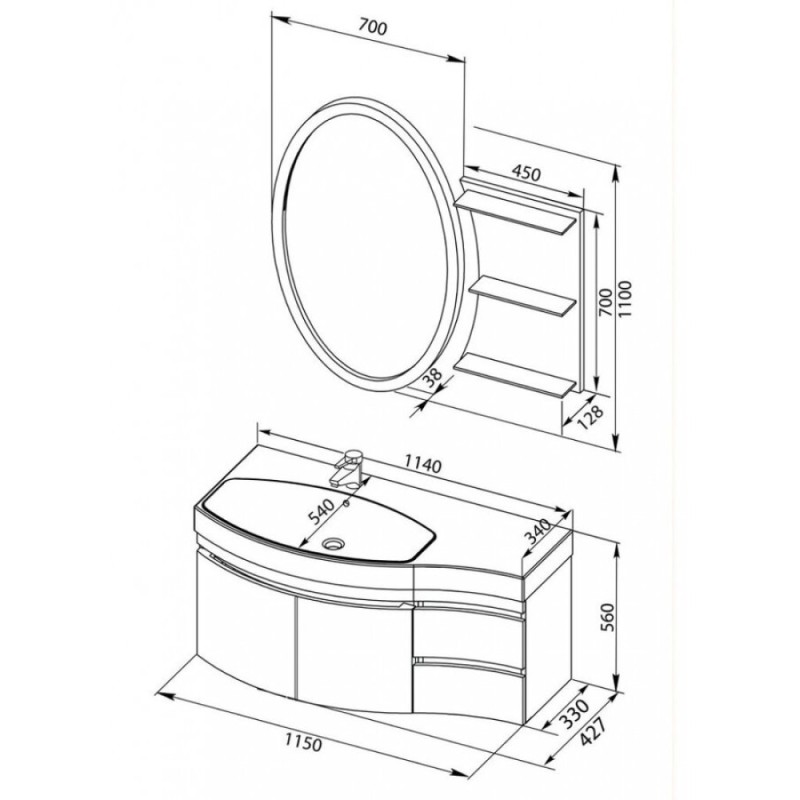 Тумба под раковину Aquanet Опера 2-115 L (2 дверцы, 2 ящика) 00169613, левая, цвет белый