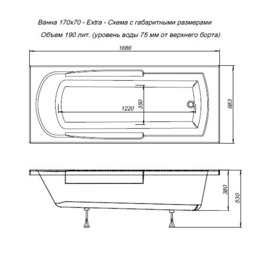 Акриловая ванна Aquanet Extra 170 x 70 см, цвет белый, 00203931