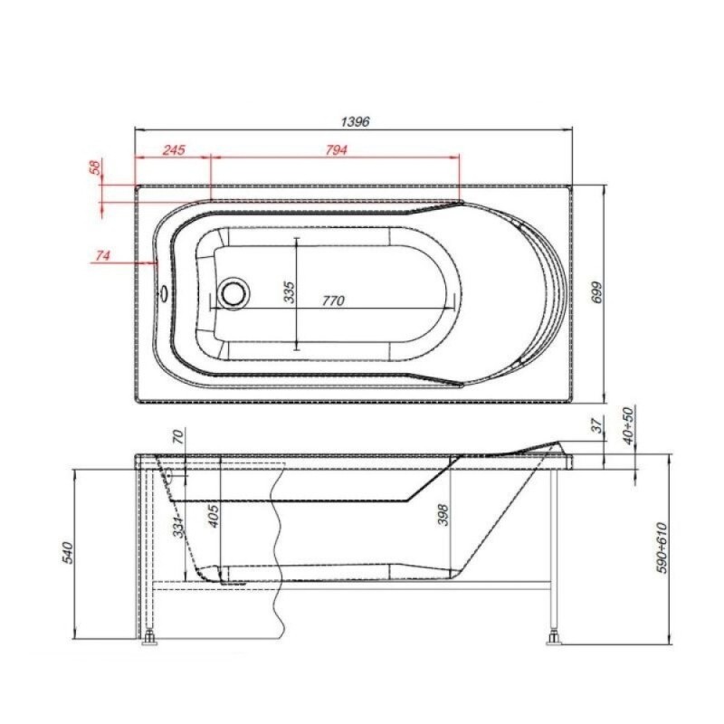Ванна акриловая Aquanet West 00205560, 140 x 70 см, с каркасом, цвет белый