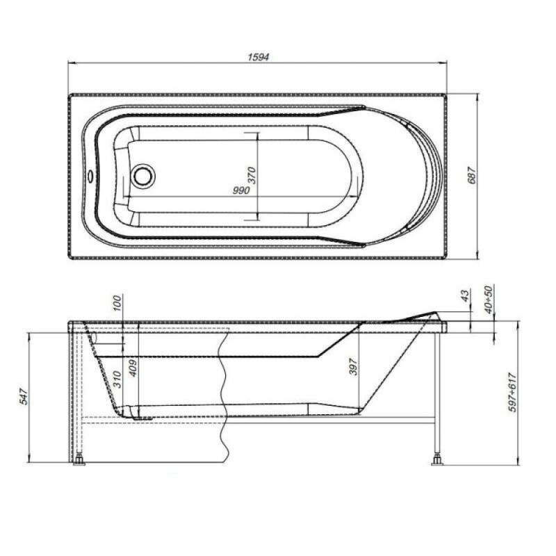 Ванна акриловая Aquanet West 00205564, 160 x 70 см, с каркасом, цвет белый