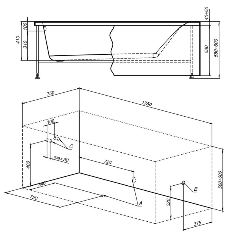 Ванна акриловая Aquanet Bright 175 x 75 см со сварным каркасом, цвет белый, 216660