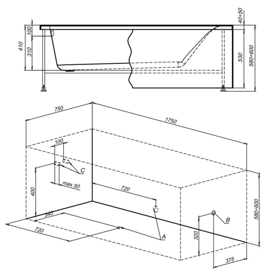 Ванна акриловая Aquanet Bright 175 x 75 см со сварным каркасом, цвет белый, 216660