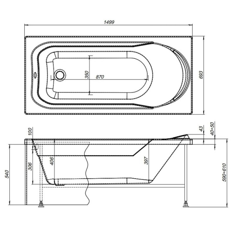 Ванна акриловая Aquanet West 00240462, 150 x 70 см, с каркасом, цвет белый
