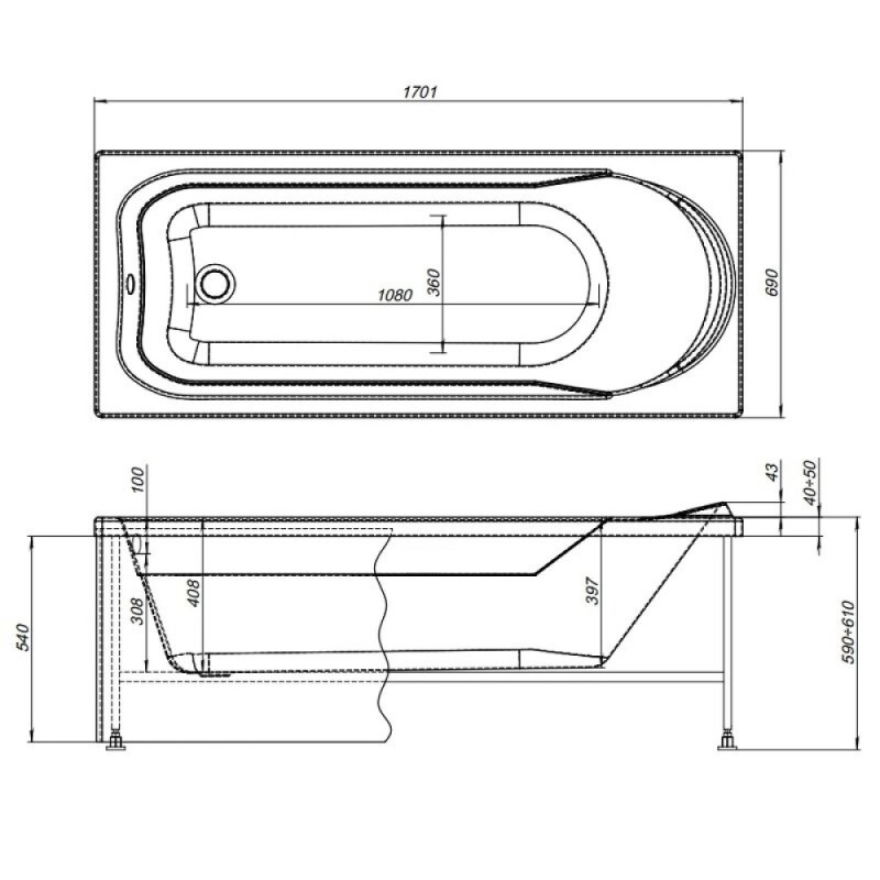 Ванна акриловая Aquanet West 00240463, 170 x 70 см, с каркасом, цвет белый