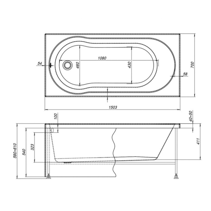 Ванна акриловая Aquanet Light 150 x 70 см 243869, с каркасом, белая