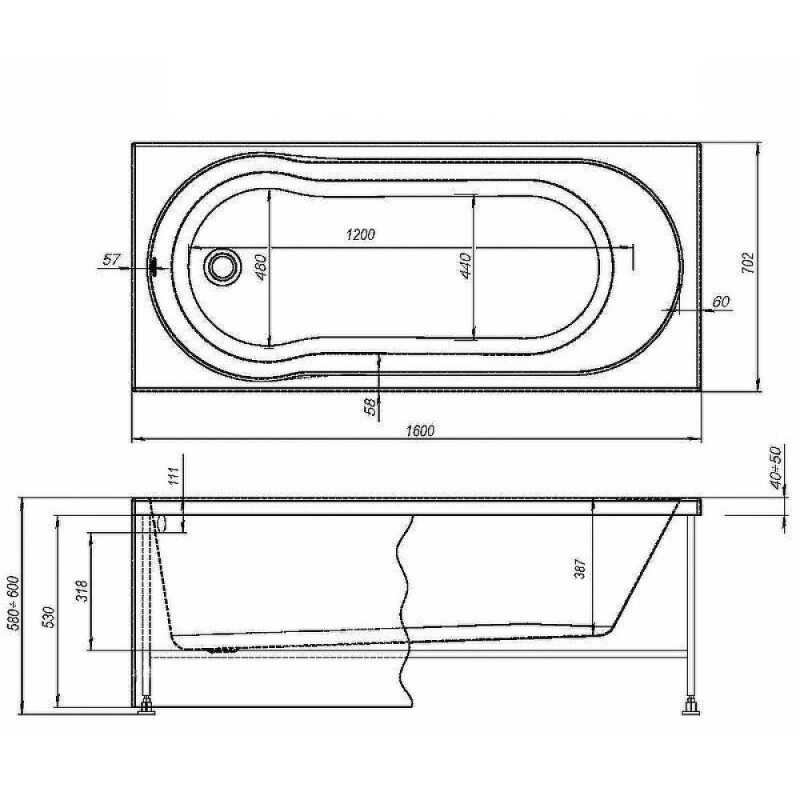 Ванна акриловая Aquanet Light 243871, 160 x 70 см, с каркасом, цвет белый