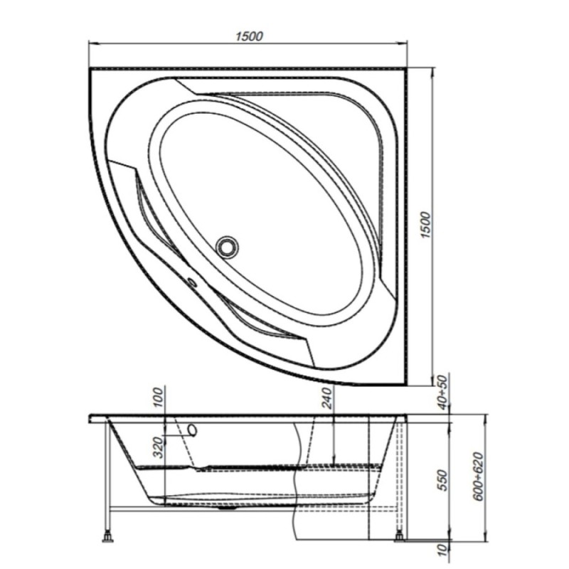 Ванна акриловая Aquanet Vista 150 x 150 см 254389, с каркасом, белая