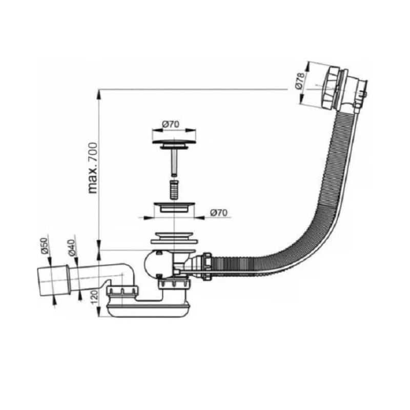 Слив-перелив для ванны Aquanet V55R, 264949, 70 см, полуавтомат, хром