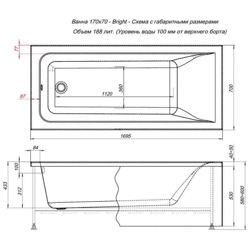 Ванна акриловая Aquanet Bright 170x70 с каркасом белая 00267835 (267835)