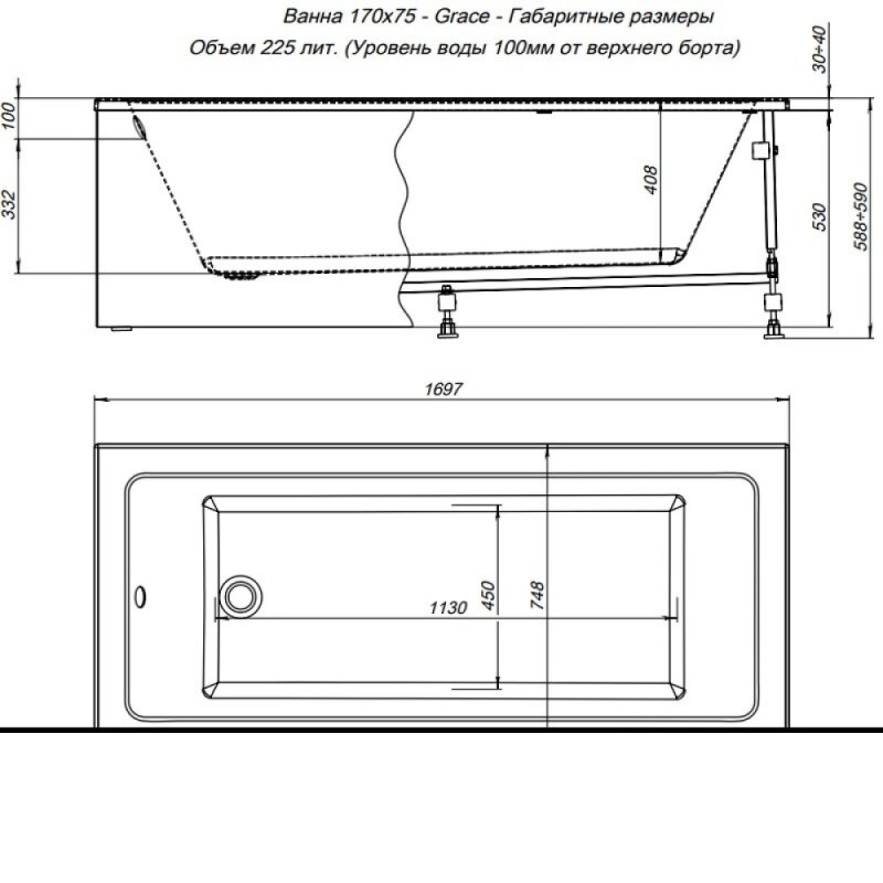 Ванна акриловая Aquanet Grace 312397, 170 х 75 см, цвет белый