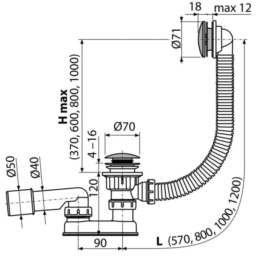 Слив-перелив для ванны Aquanet V55R, 323243, 70 см, полуавтомат, хром