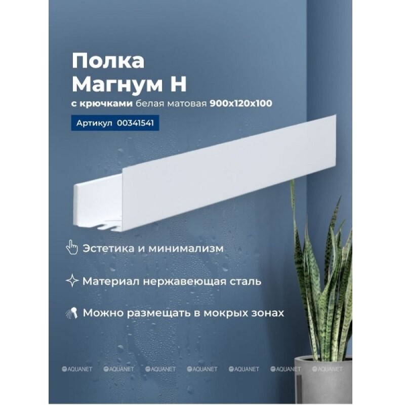 Полка Aquanet Магнум Н 00341541, 90 х 12 см, с крючками, белый матовый