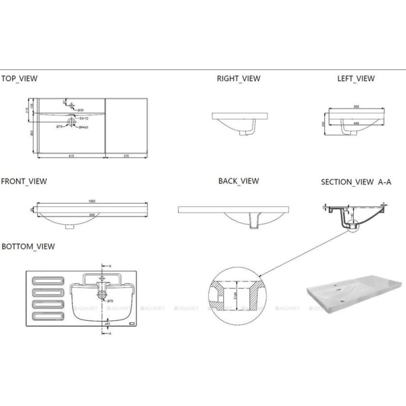 Раковина Aquanet Side 00347435, 100 см, керамика, левая, белая