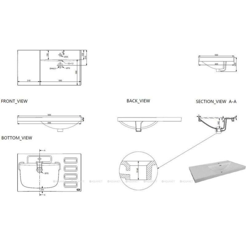 Раковина Aquanet Side 00347436, 90 см, керамика, правая, белая