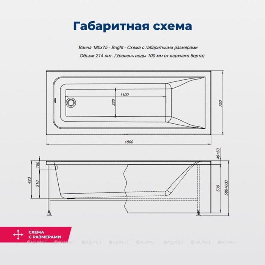 Ванна акриловая Aquanet Bright 180 x 75 см, с каркасом, цвет белый, 00347766